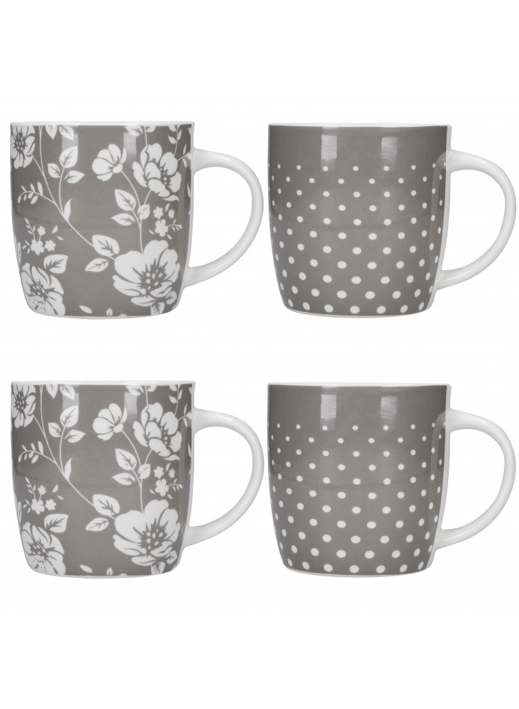 KitchenCraft Barrel Mug Set - Grey Floral / Polka Dot