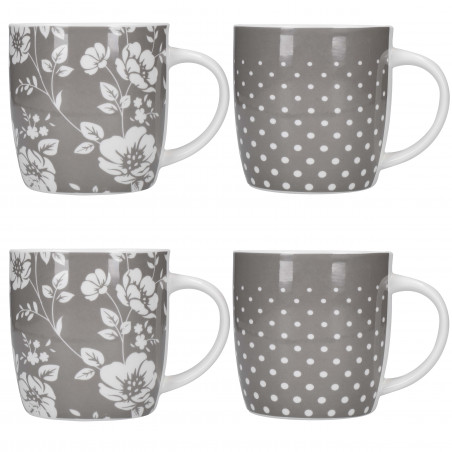 KitchenCraft Barrel Mug Set - Grey Floral / Polka Dot