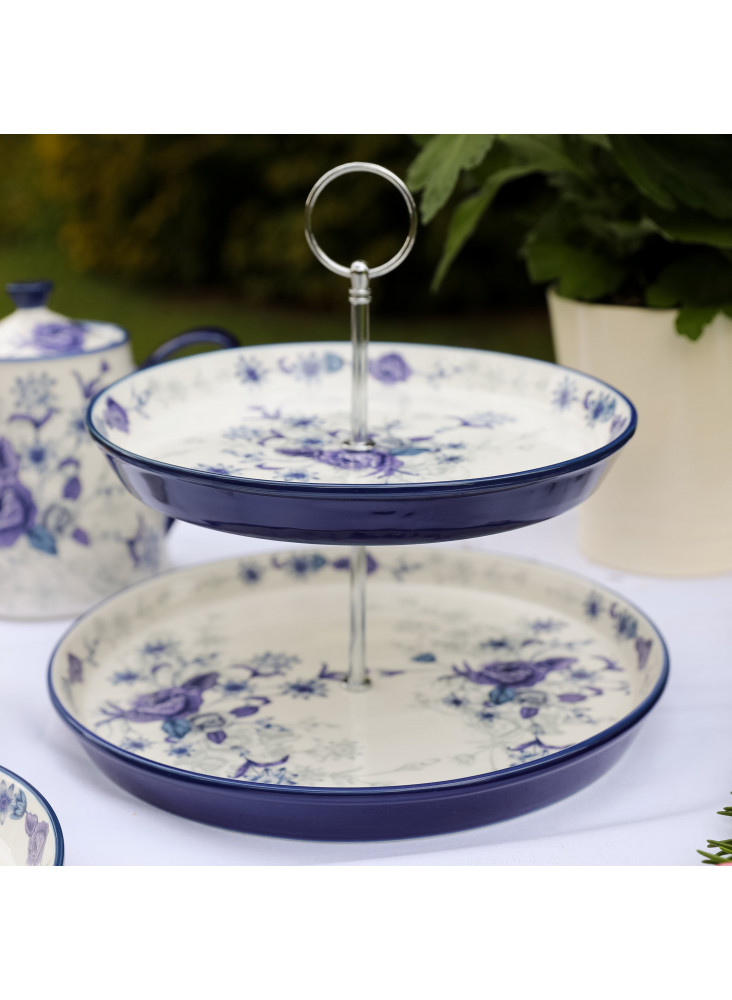 London Pottery Blue Rose Ceramic Two-Tier Cake Stand