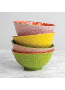 KitchenCraft Patterned Cereal Bowl Set in Gift Box, Ceramic, 'Brights' Designs, 15cm, 4 Pieces