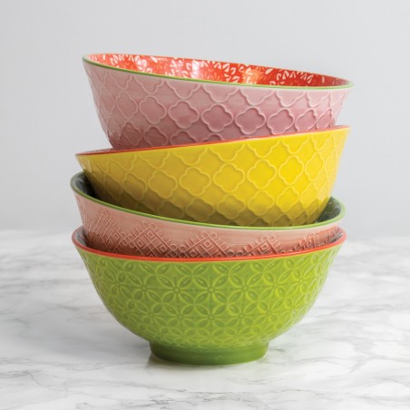 KitchenCraft Patterned Cereal Bowl Set in Gift Box, Ceramic, 'Brights' Designs, 15cm, 4 Pieces