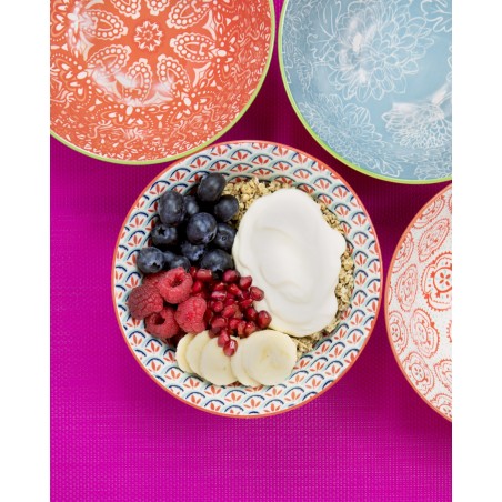 KitchenCraft Patterned Cereal Bowl Set in Gift Box, Ceramic, 'Brights' Designs, 15cm, 4 Pieces