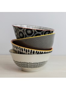 KitchenCraft Patterned Cereal Bowl Set in Gift Box, Ceramic, 'Monochrome' Designs, 15cm, 4 Pieces