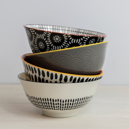 KitchenCraft Patterned Cereal Bowl Set in Gift Box, Ceramic, 'Monochrome' Designs, 15cm, 4 Pieces