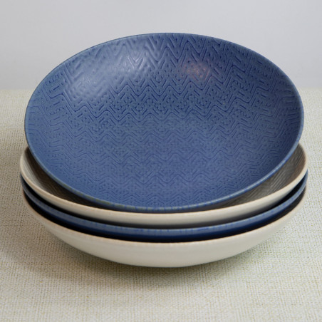 KitchenCraft Set of 4 Glazed Stoneware Pasta Bowls - Embossed Blue / Cream