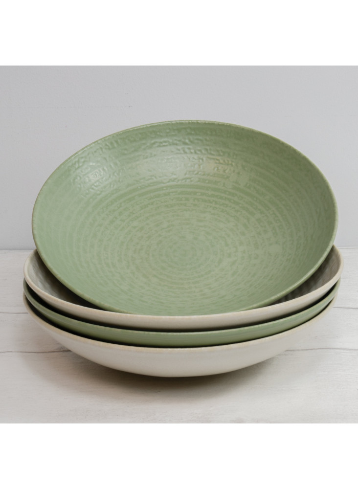 KitchenCraft Set of 4 Glazed Stoneware Pasta Bowls - Green / Cream