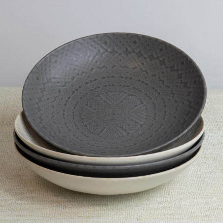 KitchenCraft Set of 4 Glazed Stoneware Pasta Bowls - Embossed Grey / Black
