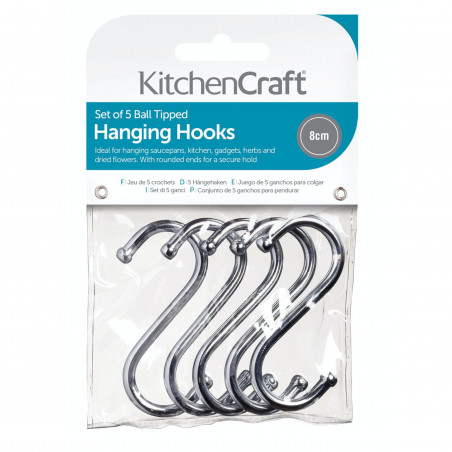 KitchenCraft Pack of Five 8cm Chrome Plated 'S' Hooks