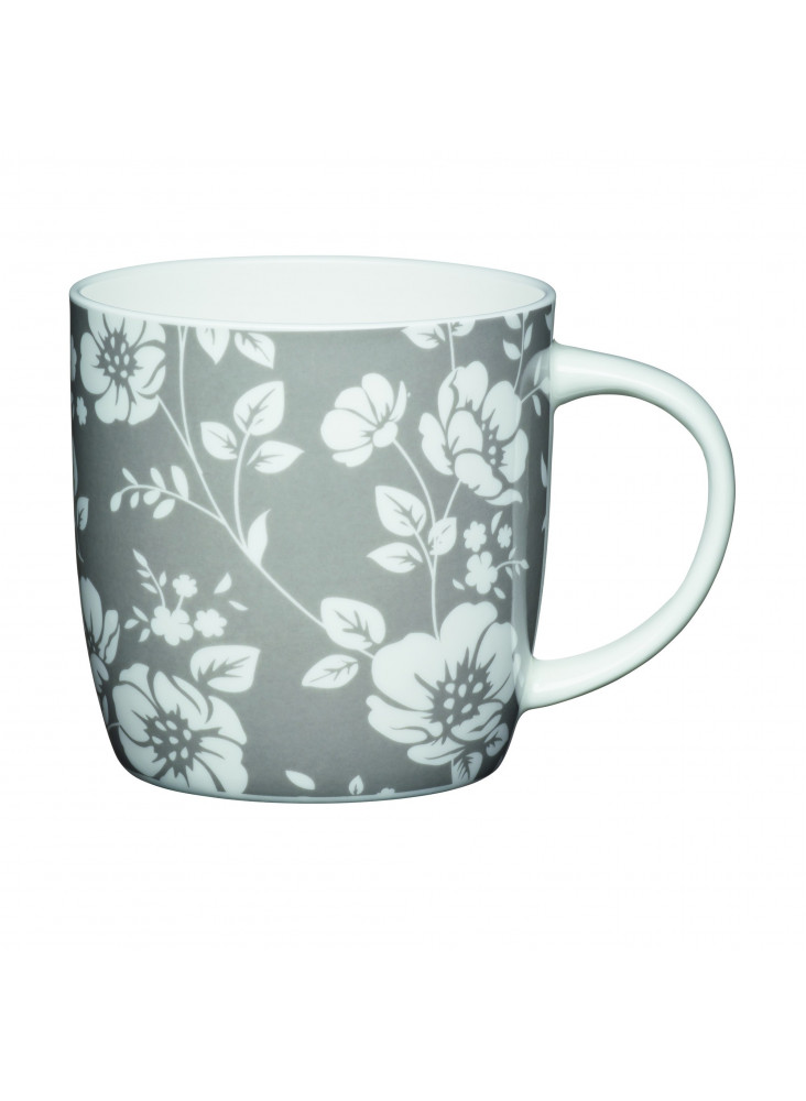 KitchenCraft China 425ml Grey Floral Barrel Shaped Mug