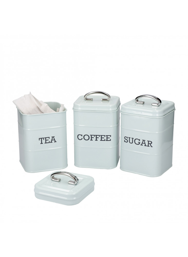 Living Nostalgia Three Piece Tea, Coffee & Sugar Tin Canister Set - Vintage Blue