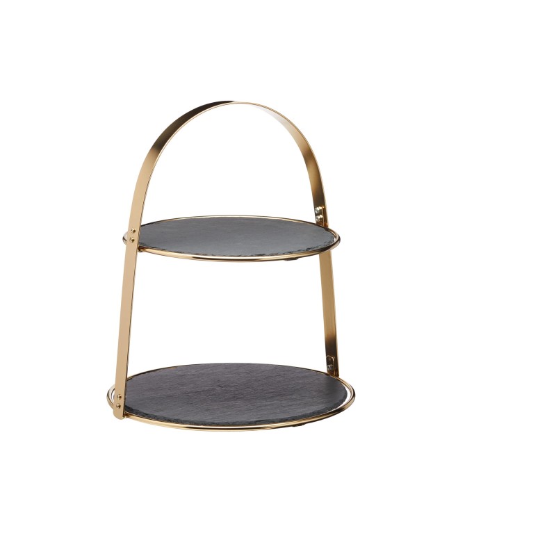 Artesà 2-Tier Brass Coloured Cake Stand with Round Slate Serving Platters