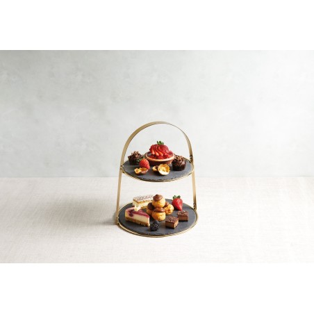 Artesà 2-Tier Brass Coloured Cake Stand with Round Slate Serving Platters