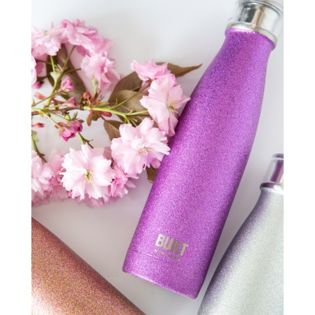 Built 500ml Double Walled Stainless Steel Water Bottle Purple Glitter