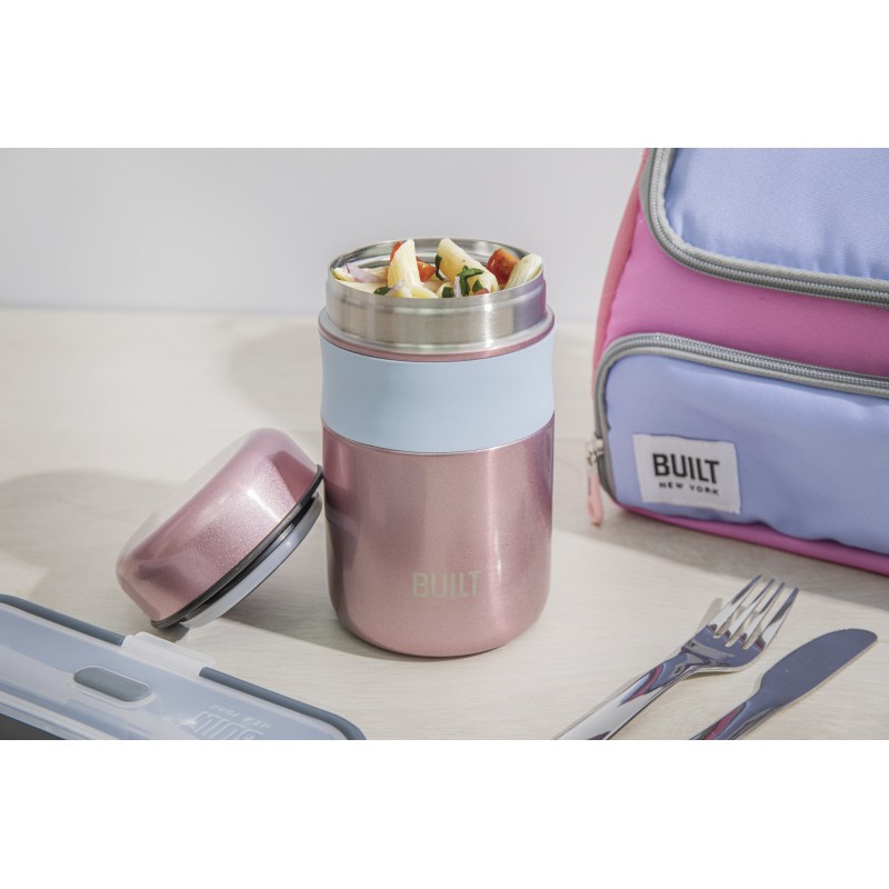BUILT Double Wall Vacuum Insulated Food Flask for Hot and Cold Foods,  Stainless Steel, Pale Pink, 490 ml