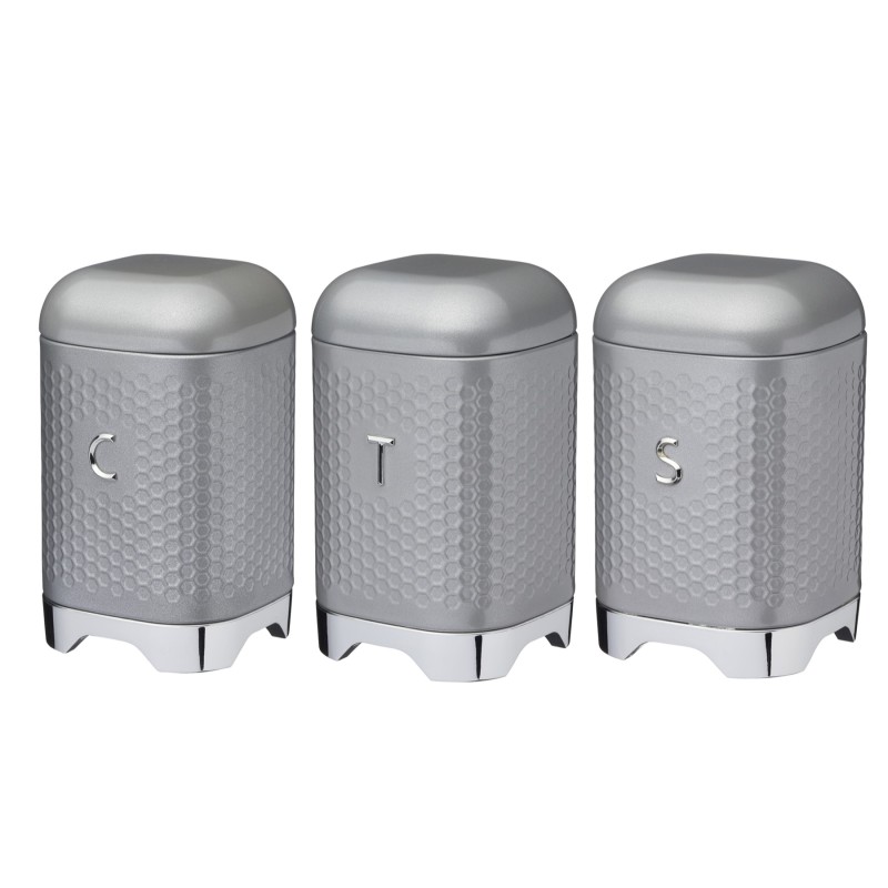 Lovello Textured Three Piece Tea, Coffee and Sugar Tin Canister Set - Shadow Grey