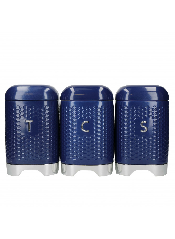 Lovello Textured Three Piece Tea, Coffee and Sugar Tin Canister Set - Midnight Navy