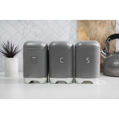 Lovello Textured Three Piece Tea, Coffee and Sugar Tin Canister Set - Shadow Grey