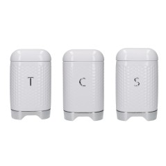 Lovello Textured Three Piece Tea, Coffee and Sugar Tin Canister Set - Ice White