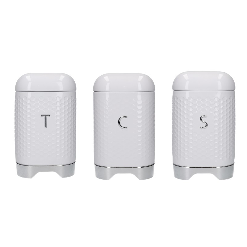 Lovello Textured Three Piece Tea, Coffee and Sugar Tin Canister Set - Ice White